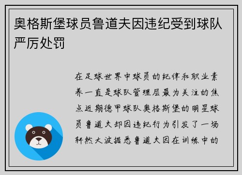 奥格斯堡球员鲁道夫因违纪受到球队严厉处罚