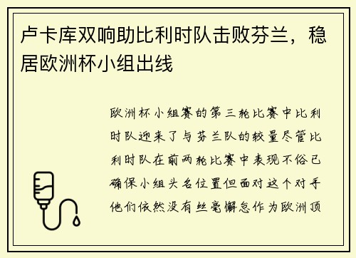 卢卡库双响助比利时队击败芬兰，稳居欧洲杯小组出线