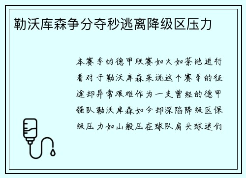 勒沃库森争分夺秒逃离降级区压力