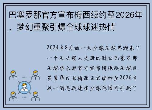 巴塞罗那官方宣布梅西续约至2026年，梦幻重聚引爆全球球迷热情