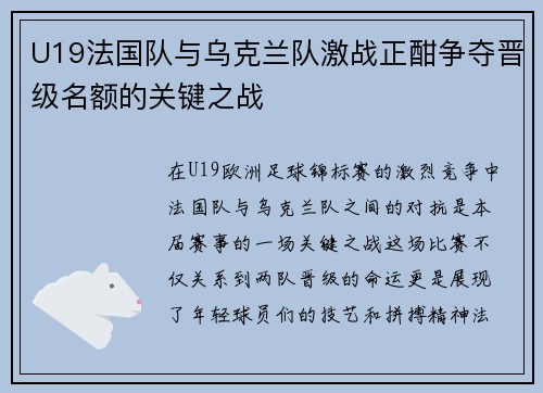 U19法国队与乌克兰队激战正酣争夺晋级名额的关键之战