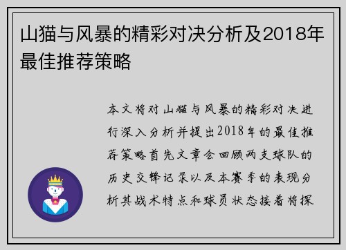 山猫与风暴的精彩对决分析及2018年最佳推荐策略